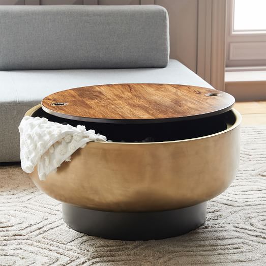 Drum Storage Coffee Table, Round Drum Coffee Table With Storage Walnut Bowl Shaped