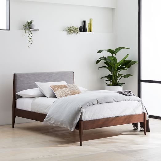 Modern Show Wood Bed, Wood Bed Frame With Fabric Headboard