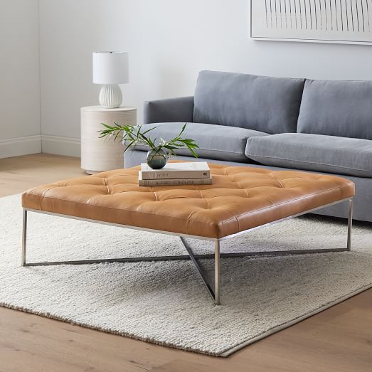 Maeve Square Leather Ottoman, Light Grey Leather Ottoman Coffee Table