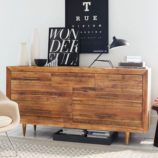 Alexa Reclaimed Wood 7 Drawer Dresser, Honey Colored Dresser