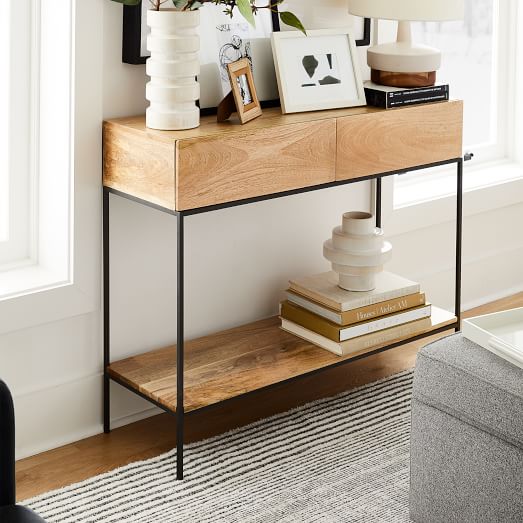 Industrial Storage Console, Modern Console Table With Drawers Solid Wood Metal