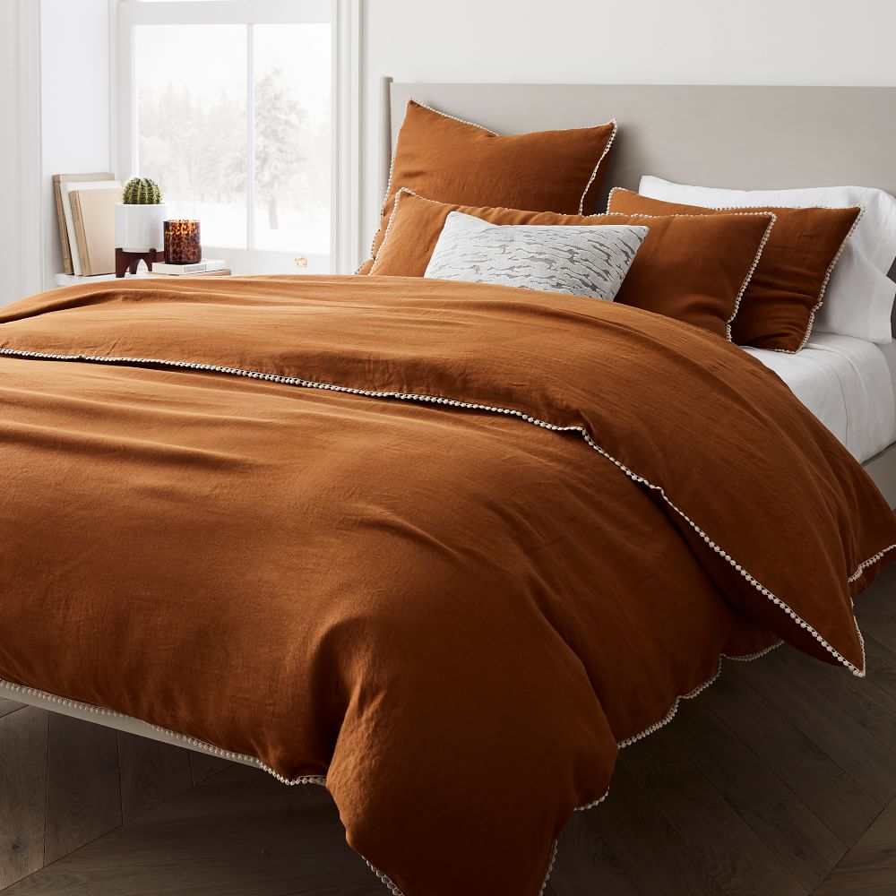 European Flax Linen Pom Pom Duvet Cover & Shams | West Elm