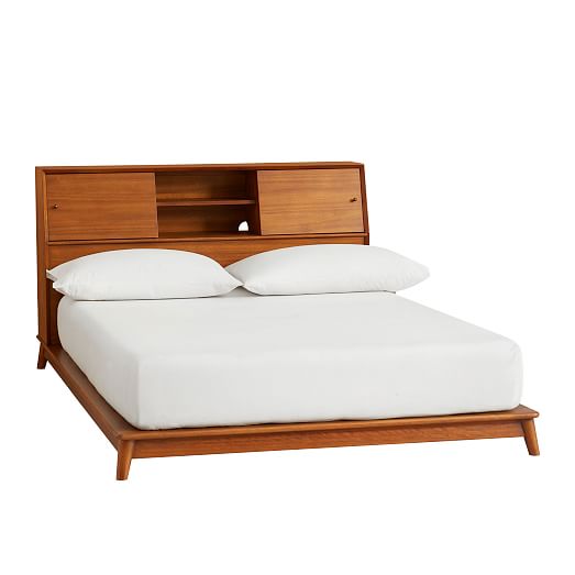 Mid Century Headboard Storage Platform Bed, Wood Headboard With Shelves