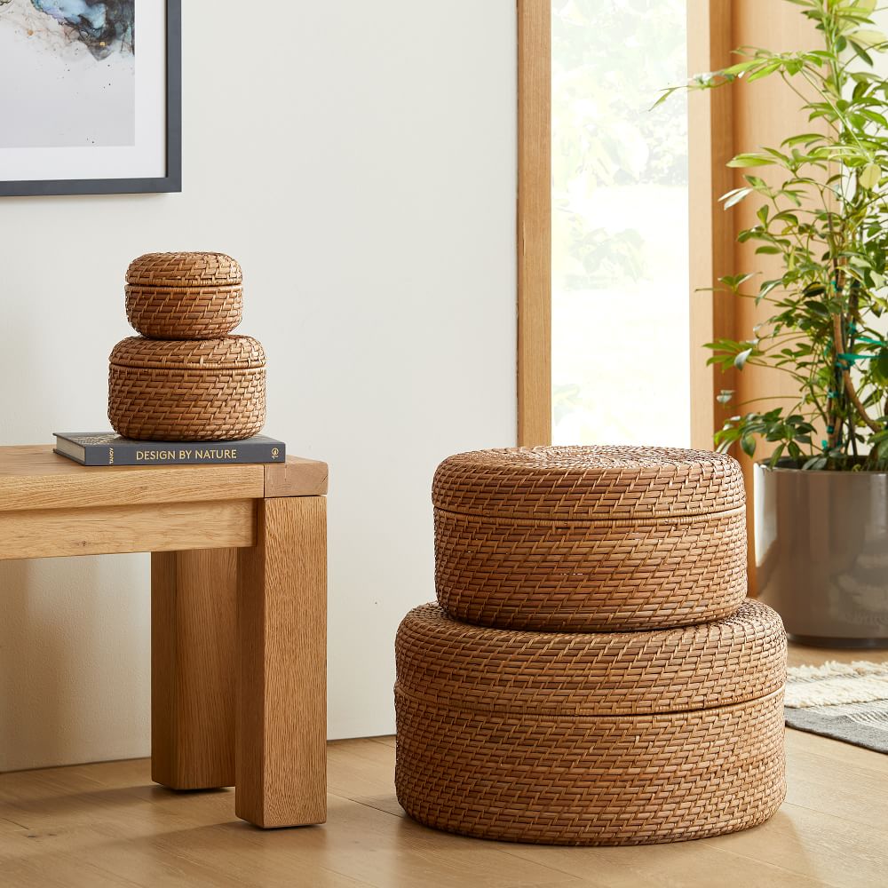 Modern Weave Rattan Round Lidded, Small Round Lidded Baskets