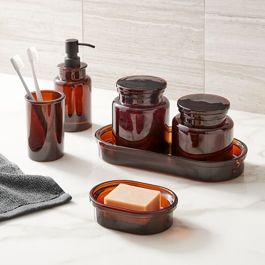 Apothecary Glass Bath Accessories, Brown Bathroom Glass Canisters