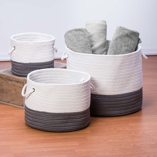 Round Banded Indoor/Outdoor Woven Basket - Gray & White