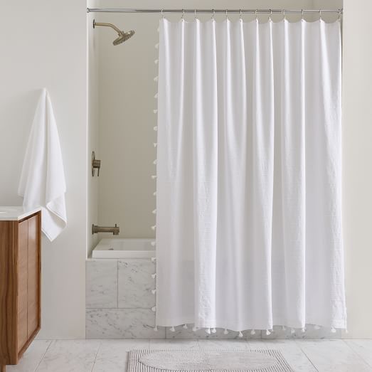 Organic Stripe Jacquard Shower Curtain, Pottery Barn White Waffle Shower Curtain