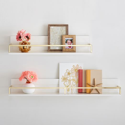 Gold Polished Shelves, White Lacquer Floating Shelves