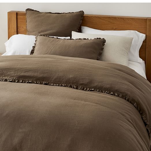 Coverlet with Ruffle/100% Flax/Drop Length 26-40"/King Queen/White Gray Brown