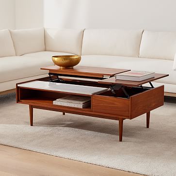 Mid-Century Double Pop-Up Coffee Table - Walnut/White Marble