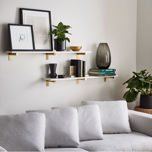 Linear White Lacquer Wall Shelves With, White Floating Shelves With Brackets
