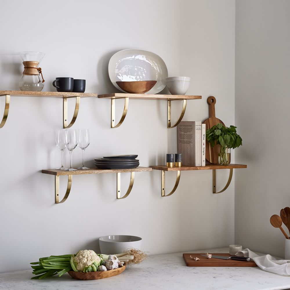 Linear Raw Mango Wood Wall Shelves with Arch Brackets | West Elm