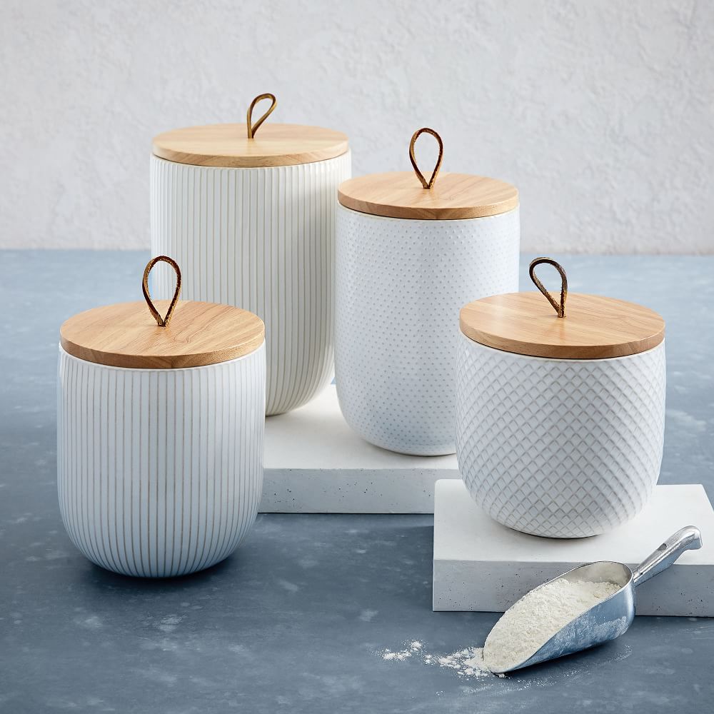 Textured Kitchen Canisters Kitchen Storage Solutions West Elm   Textured Stoneware Kitchen Canisters W Wood Tops White In  Z 