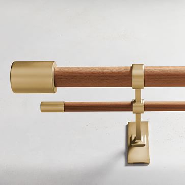 Mid Century Wooden Double Curtain Rod Wood Brass Mid Century Wooden Double Curtain Rod, Double Curtain Rod Gold