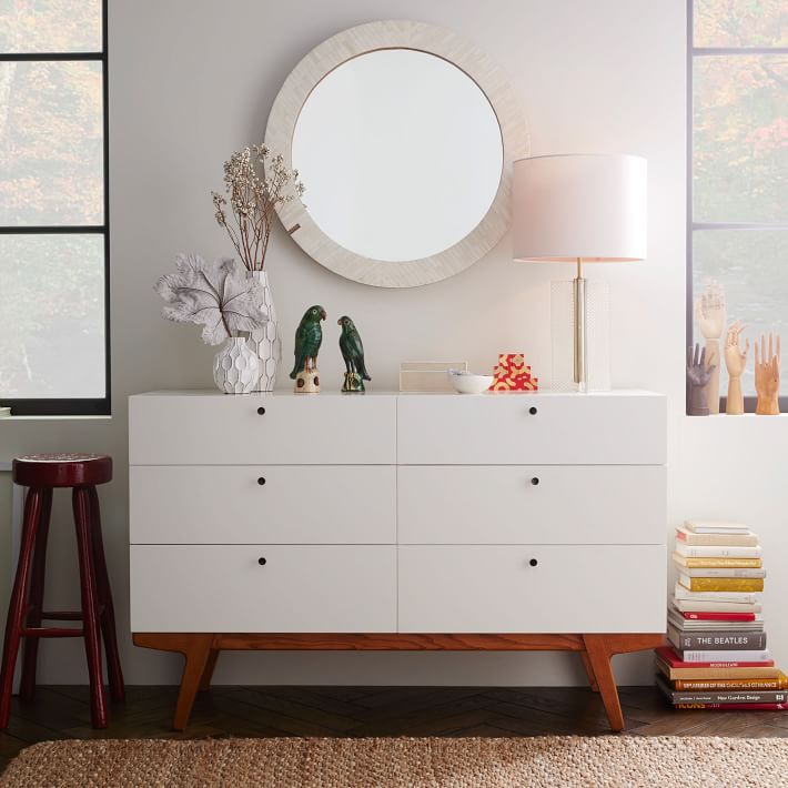 Modern 6 Drawer Dresser 54, Ivory Mirror Front Nightstand