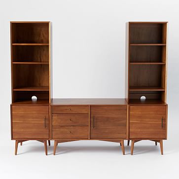 Mid Century Media Without Wide Hutch, Acorn (1 small console, 2 door bases, 2 narrow hutches)