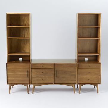 Mid-Century Media Without Hutch, Acorn (Small Console, 3-Drawer Base, 1 Door Base, 2 Narrow Hutches)