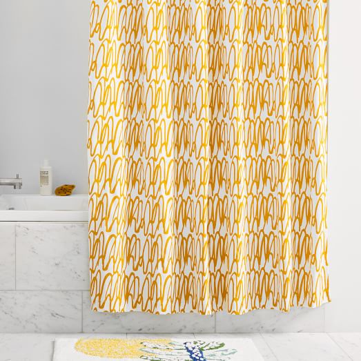 Abel Macias Squiggle Shower Curtain, Solid Mustard Yellow Shower Curtains