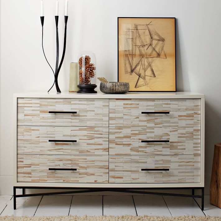 Wood Tiled 6 Drawer Dresser, Modern 6 Drawer White Bedroom Dresser For Storage In Gold