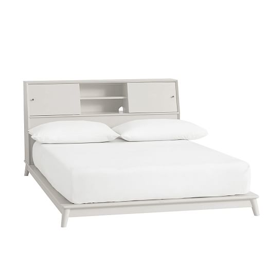Mid Century Headboard Storage Platform Bed, Full Size Bed Frame White With Storage