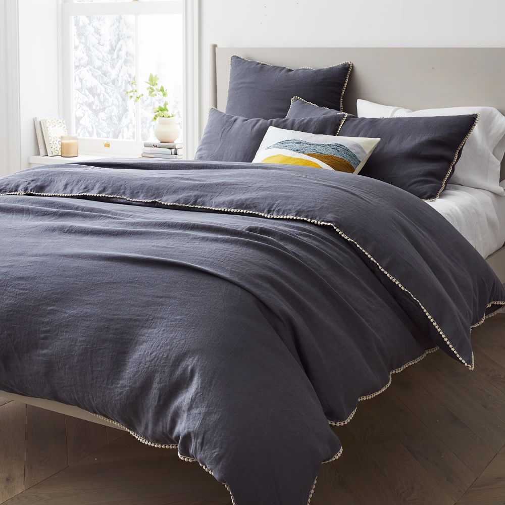 European Flax Linen Pom Pom Duvet Cover & Shams West Elm