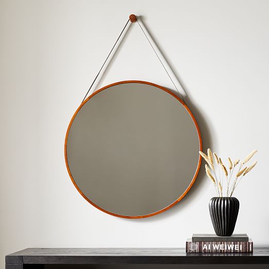 Modern Leather Round Hanging Mirror 30, Retro Round Wall Hanging Mirror With Leather Strap