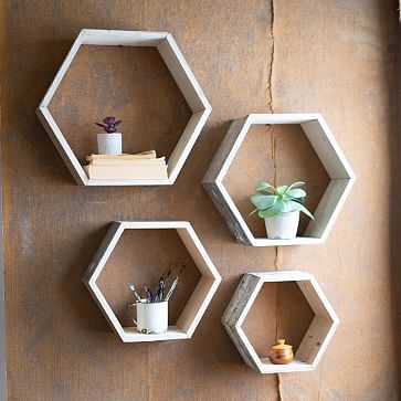 Recycled Wood Hexagon Wall Shelves Set, How To Make Hexagon Floating Shelves