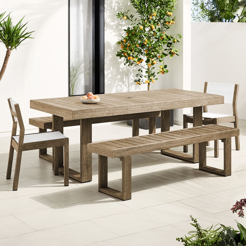 Portside Outdoor Dining Table (76.5"), Benches (66") & Textilene Chairs