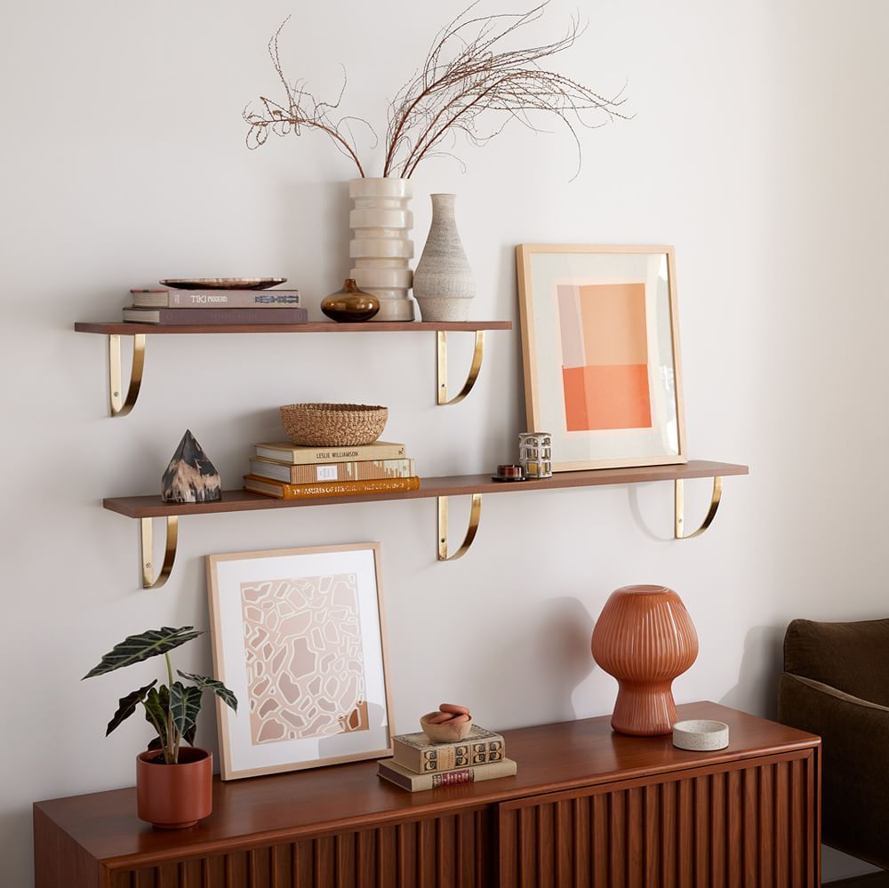 Linear Cool Walnut Wood Wall Shelves with Arch Brackets | West Elm