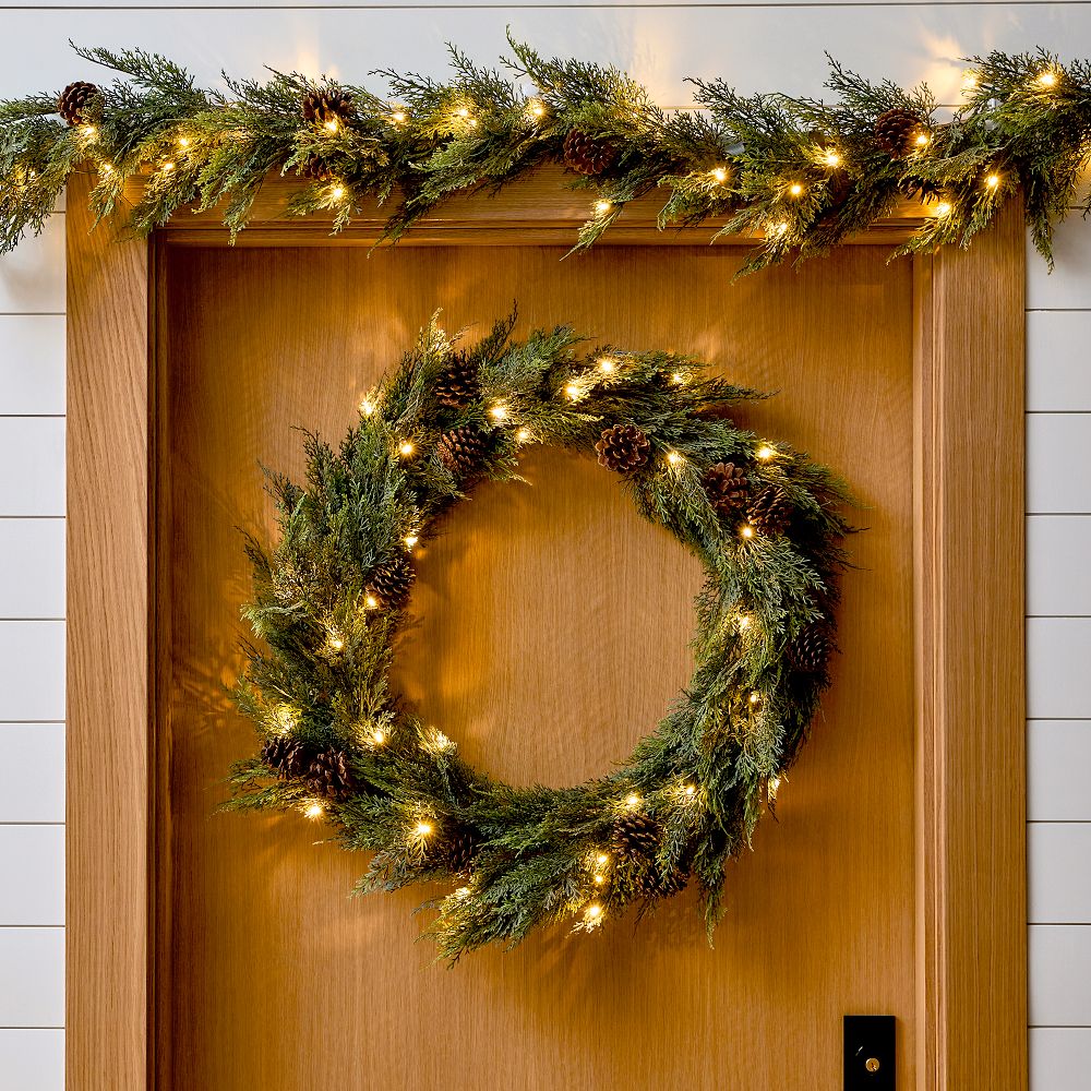 PreLit Faux Cypress Pine Wreath & Garland West Elm