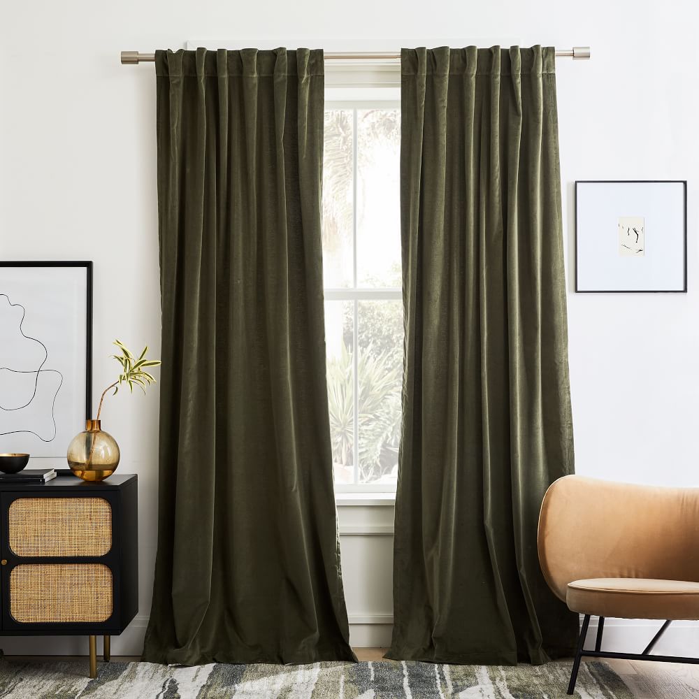 Open Box Cotton Velvet Curtain Dark Olive West Elm