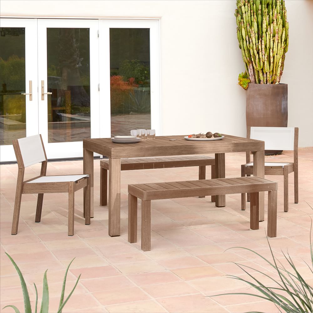 Portside Outdoor Dining Table (58"), Benches (47") & Stacking Chairs