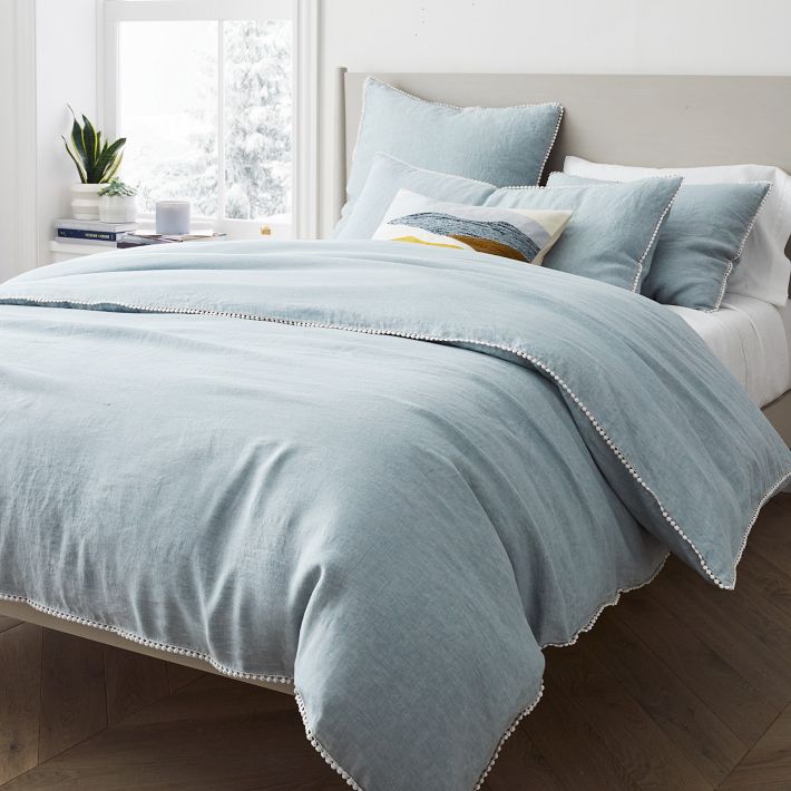 European Flax Linen Pom Pom Duvet Cover & Shams West Elm