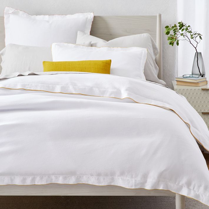 Open Box: Belgian Linen Merrow Edge Duvet Cover & Shams - White/Dark ...