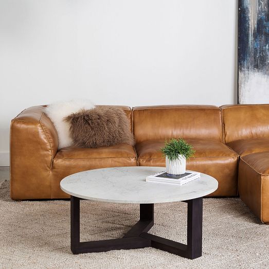 Geometric Wood & Marble Round Coffee Table West Elm