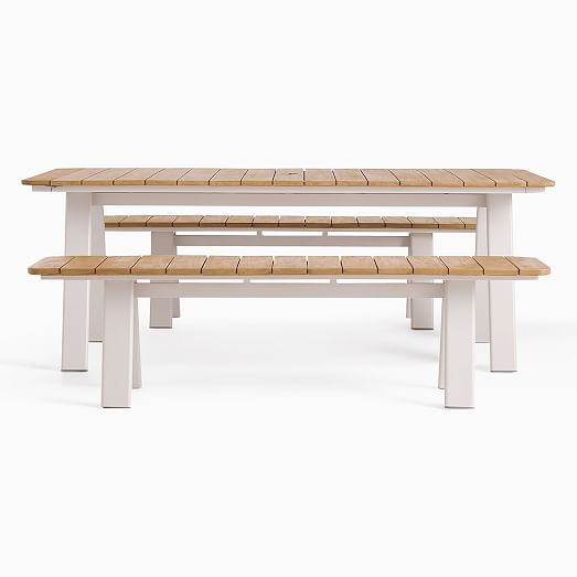 Halden Outdoor Dining Table (76") & Benches (67") Set Haze West Elm