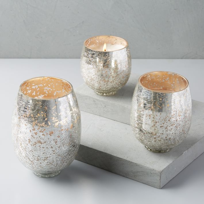 Silver Crackle Glass Candles - Balsam And Cedar 