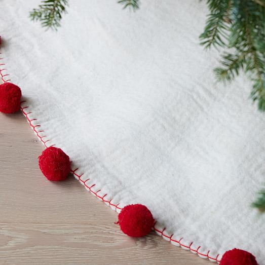 Pom Pom Felt Tree Skirt White & Red West Elm