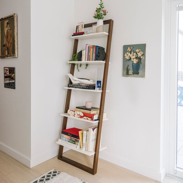 BON AUGURE Rustic Ladder Bookshelf, 4 Tier Industrial Ladder Shelf  Bookcase, Standing Leaning Book Shelves for Living Room (Dark Gray Oak)