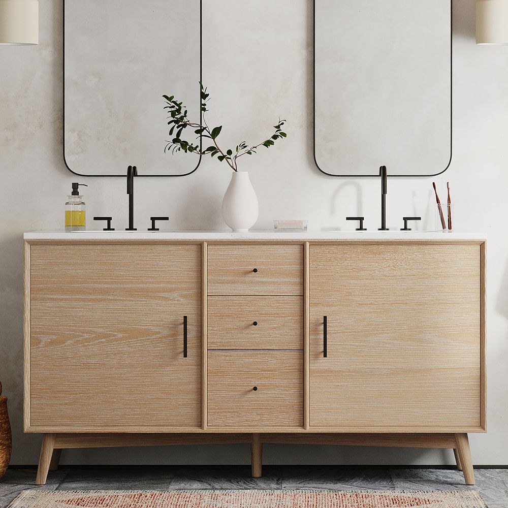 Mid-Century Double Bathroom Vanity (63") - Cerused White | West Elm