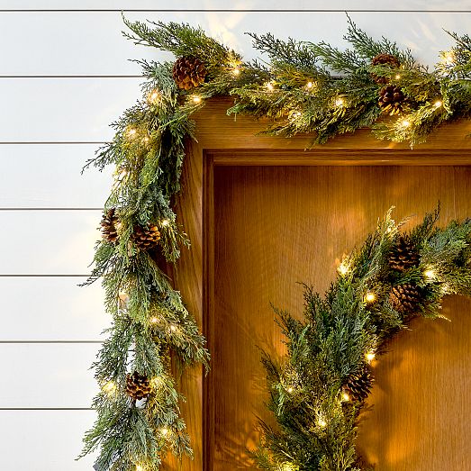 PreLit Faux Cypress Pine Wreath & Garland West Elm