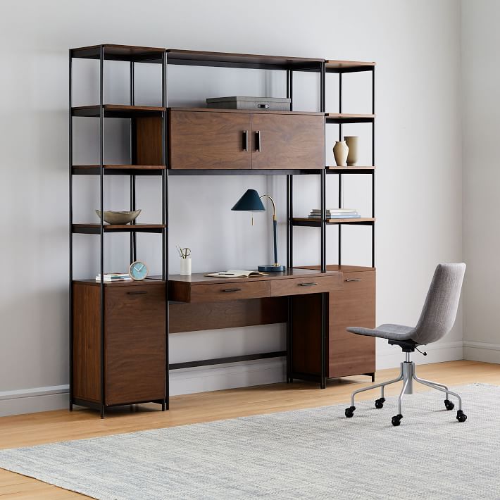 Foundry Narrow Bookcase &amp; Desk Set (84&quot;) - Dark Walnut