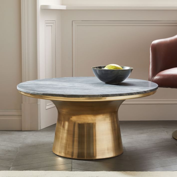 Marble-Topped Pedestal Coffee Table - Gray Marble/Antique Brass