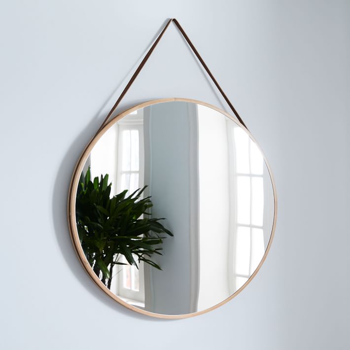 Modern Leather Round Hanging Mirror - 36&quot;