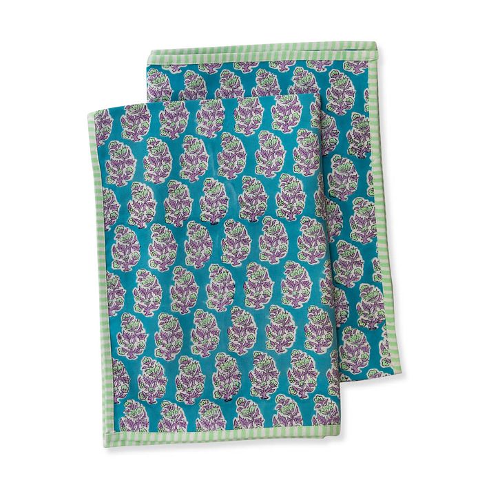 Green Indian Block Print Cotton Kitchen Towels, Waffle Weave