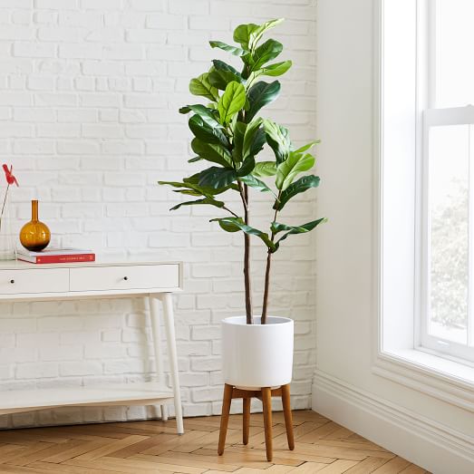 Faux Fiddle Leaf Fig Tree & MidCentury Turned Wood Leg Planter Bundle