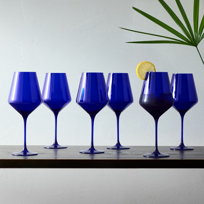 Handblown Eco-Friendly Wine Glasses in Blue (Set of 6) - Blue