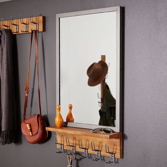 Farmhouse Wall Organizer Mirror with Hooks and 2 Shelves