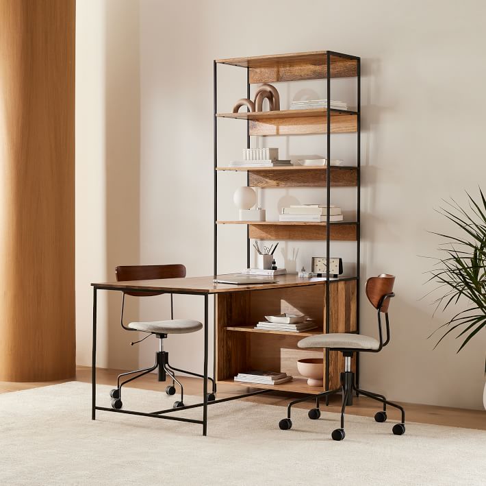 Peninsula desk shop with bookcase