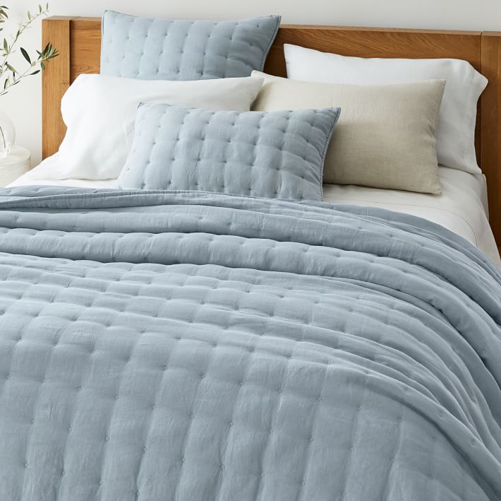 West Elm European Flax Linen Tack Stitch Quilt & Shams, King